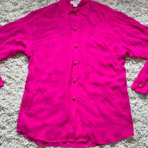 Beautiful 100% silk, Adam Douglas / Adrian Papell hot pink blouse with gold pear - Picture 2 of 14